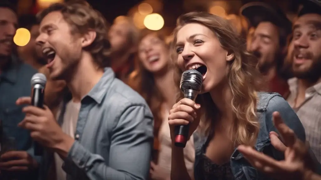 A group of friends laughing and singing karaoke together, with a woman in the foreground holding the microphone.